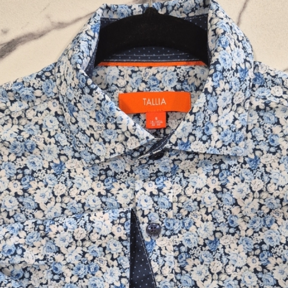 THALLIA Floral Long Sleeve Dress Shirt, Blue Roses, S 14-14.5